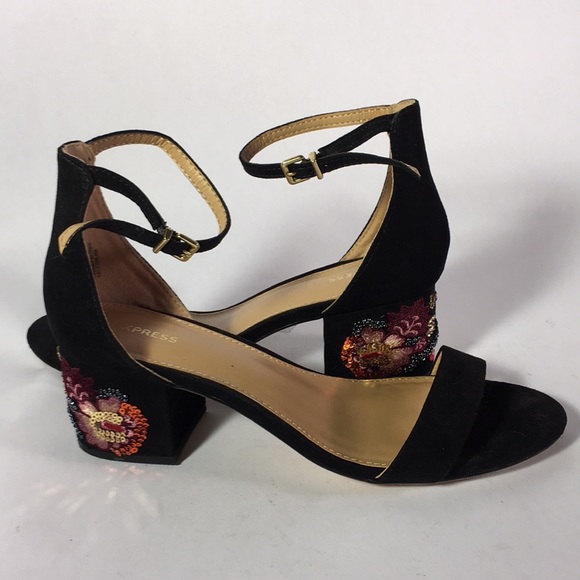 Express Shoes - Express Black Beaded Heels with Ankle Straps